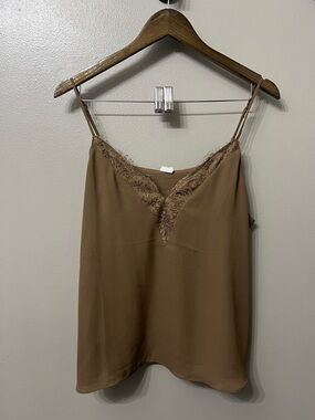 Double Lined Lace Trim Slip Cami Tank Top - Brown